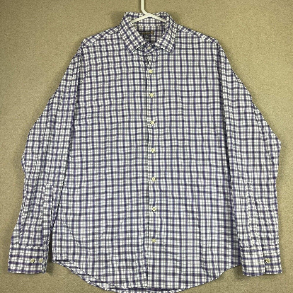 Peter Millar Summer Comfort Mens L Long Sleeve Button Up Shirt Purple Plaid
